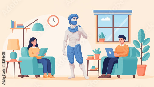 People relax indoors with technology and art, surrounded by plants and books