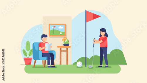 Relaxing indoors while another practices golf