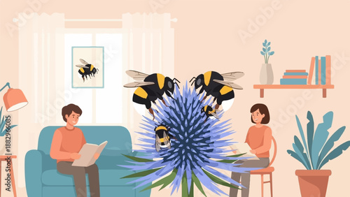 People relax indoors with oversized bees on a vibrant purple flower