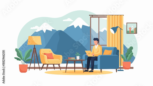 Person working on laptop in a cozy room with mountain view