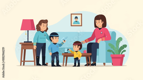 Pixel art family enjoying playtime in a futuristic living room