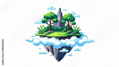 Pixel art floating island with lush greenery, trees, and clouds