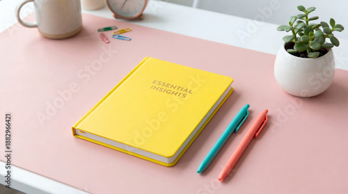 Workspace notebook desk pen office pink yellow minimal succulent plant stationery writing study learning organization planning productivity