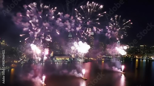 Nighttime Waterfront Fireworks Display Above Calm Water Reflecting Purple and White Explosions Over City Skyline