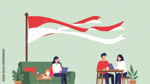 People work on laptops near a flag and a cat at home