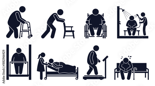 Obesity care icon set. Stick figure black silhouettes – walker use, caregiver help, shower assistance, weighing scale, rehabilitation therapy. Flat vector pictograms
