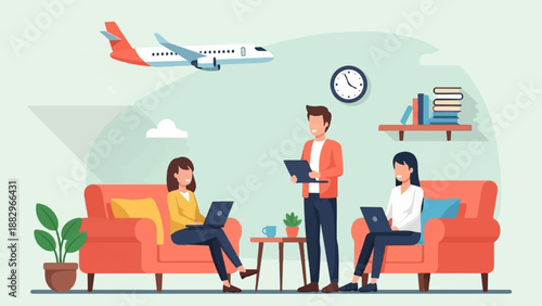 People work on laptops in a living room with an airplane overhead