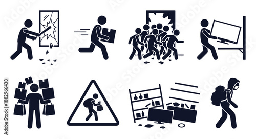 Looting and theft icon set. Stick figure black silhouettes – mob vandalism, shop robbery, stolen goods, smashed windows, masked intruder. Flat vector pictograms