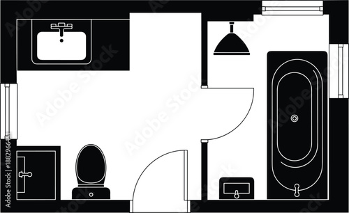 Architectural bathroom floor plan vector illustration featuring a master bath layout with freestanding tub shower stall vanity toilet and entrance door in black and white