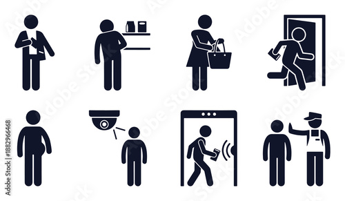 Shoplifting icon set. Stick figure black silhouettes – hiding goods, store theft, running escape, alarm gate alert, security camera. Flat vector pictograms