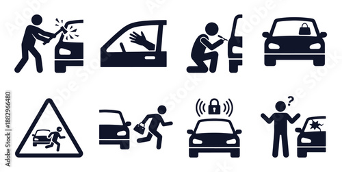 Car theft icon set. Stick figure black silhouettes – vehicle break-in, smashed window, stolen bag, alarm alert, confused victim. Flat vector pictograms