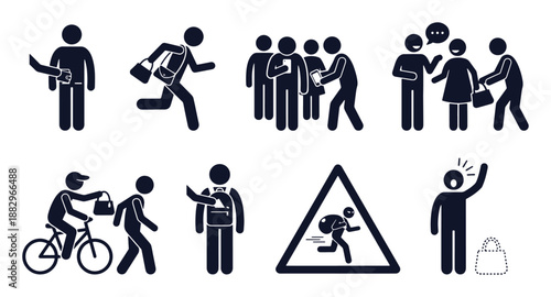 Public theft icon set. Stick figure black silhouettes – pickpocketing, bag snatching, crowd stealing, running escape. Flat vector pictograms