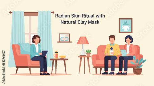 People relax indoors with a facial mask ritual and a laptop