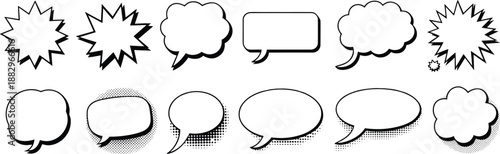 Collection of black and white comic speech bubbles, thought clouds, starburst explosions and halftone frames, vector illustration set for dialogue, messaging, comics, design templates