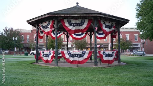 Ornate Gazebo with Patriotic Bunting in a Town Square