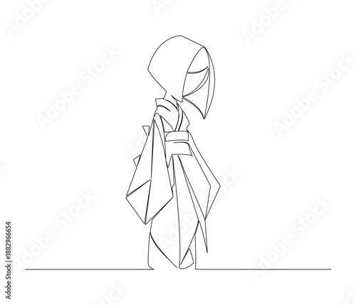 Continuous line drawing of a Japanese Lady. Single line illustration of a Japanese lady. Bunka No hi, Culture Day Concept. Editable outline