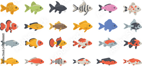 Cute colorful aquarium fish illustration set with cartoon tropical freshwater species in flat vector style isolated on white background for kids education, stickers, branding