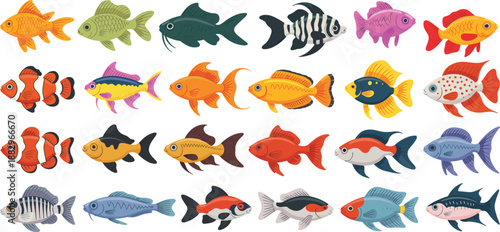 Colorful tropical fish illustration set featuring cartoon aquarium sea animals in flat vector style isolated on white background for kids design, education, branding, stickers, and digital projects