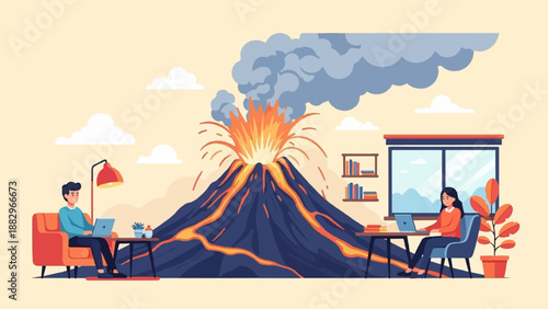 People work on laptops near an erupting volcano
