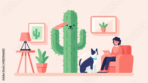 Person working on laptop with dog and cactus at home