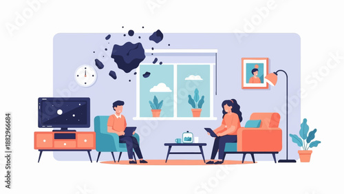 People relax indoors with a celestial event outside the window