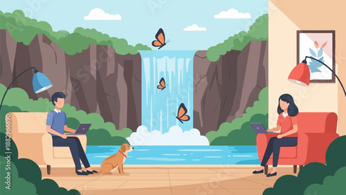 People work remotely beside a waterfall with a dog and butterflies