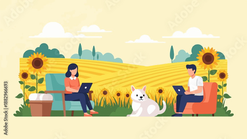 People work outdoors on laptops with dog and sunflowers