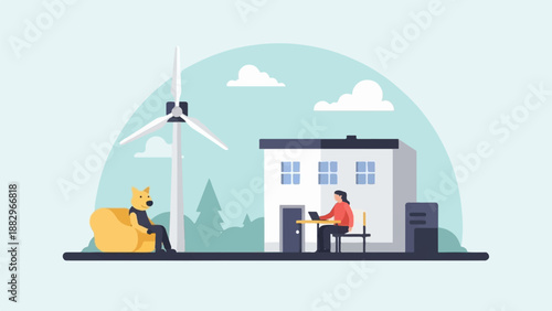 Person works from home near wind turbine and dog relaxes