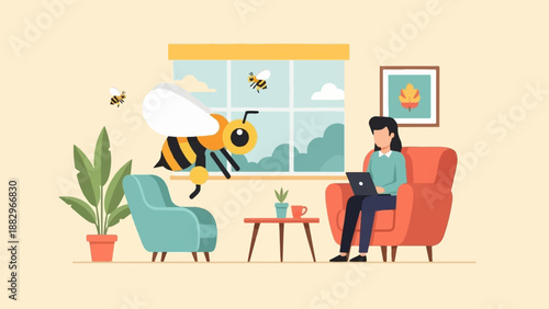 Person works on laptop as bees fly near window and plant