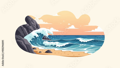 Pixel art of a crashing wave on a sandy beach at sunset