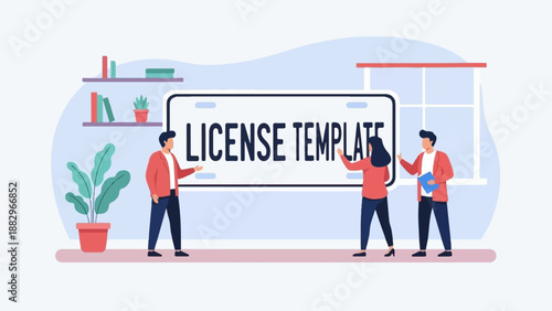 People work together on a license plate design in an office setting