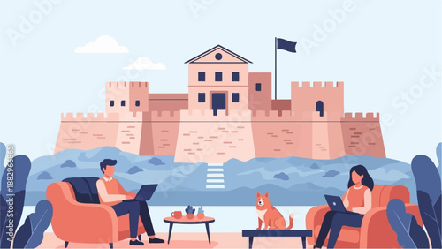 People work remotely with dog in front of a stylized ancient fortress