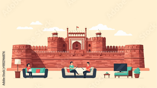 People relax in modern living spaces before ancient fortress