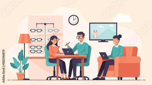 People working and consulting in a modern office setting with dog on screen