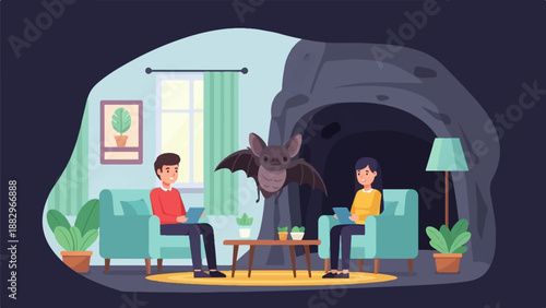 People relax in cozy room, a bat flies in from cave