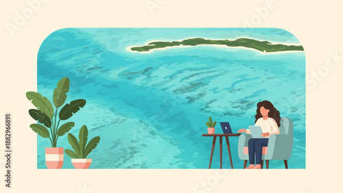 Person works on laptop near tropical island