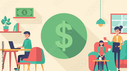 People working and discussing finances in a modern, minimalist room