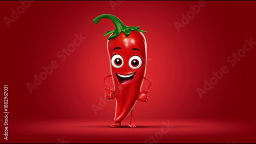 Анимированный красный перец чили танцует и показывает большой палец на красном фоне. Мультяшный персонаж для рекламы острой еды.