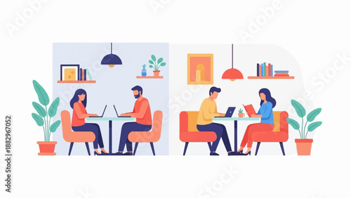 People working and reading in a modern, plant-filled indoor space