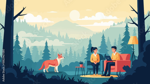 People relax in a forest setting with a dog nearby