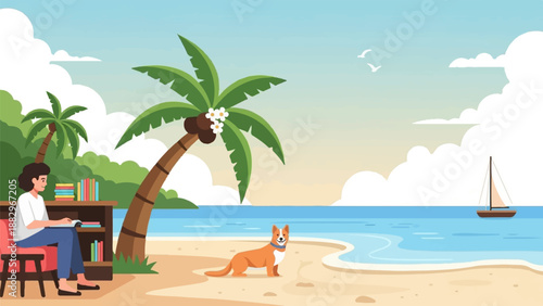 Person reading on beach chair with dog, palm trees, sailboat and sea