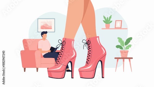 Person reading on sofa near large pink platform heels and plants