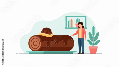 Person admiring a large chocolate swiss roll cake with frosting