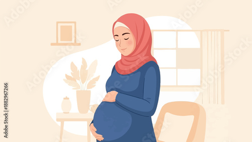 Pregnant woman in hijab at home, holding belly, with plant and window