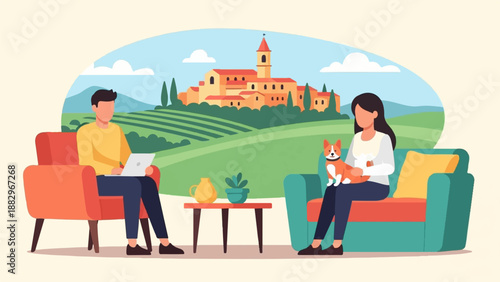 People relax at home with a dog, a laptop, and a scenic village view