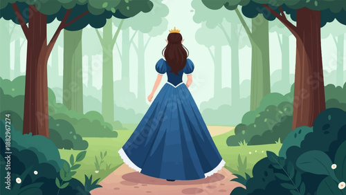 Princess in a blue gown walks through a misty green forest