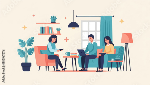 People working and relaxing in a cozy, well-lit room