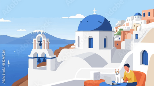 Person and dog enjoying remote work with a scenic view of a coastal village