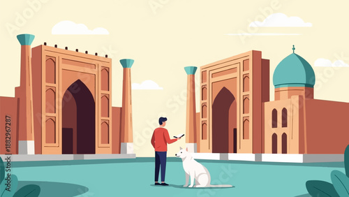 Person and dog at entrance to ancient architectural complex with dome