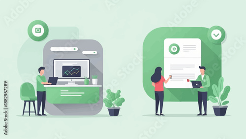 Professionals collaborate on data analysis and project management tasks